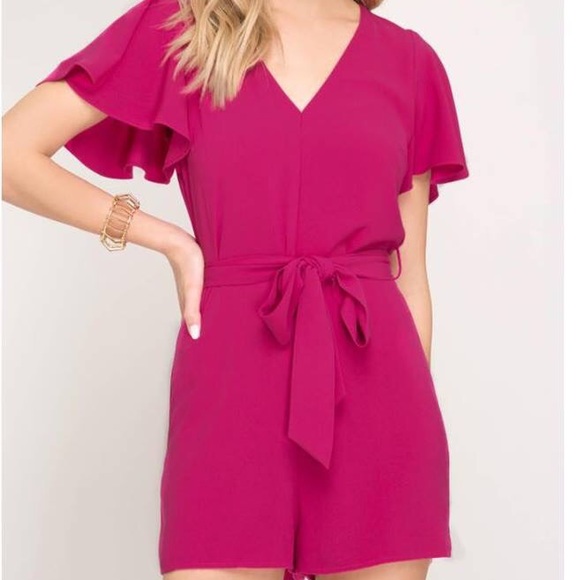 She And Sky Pink Romper + Zipper Back + Waist Tie - Picture 2 of 3
